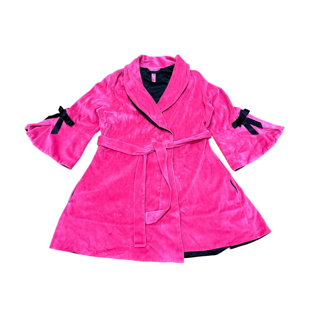 Betsey Johnson Intimates Pink Velour Robe Black Satin Bows Bell Sleeve Small